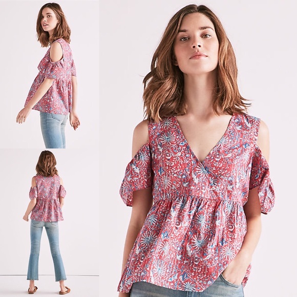 Lucky Brand Tops - LuckyBRAND PinkCold Shoulder Blouse Floral Sparkle